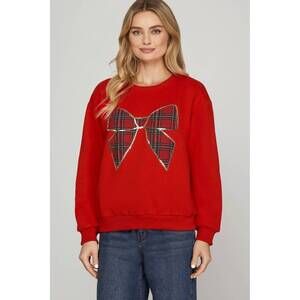 NEW STYLE U christmas plaid bow knit top in red